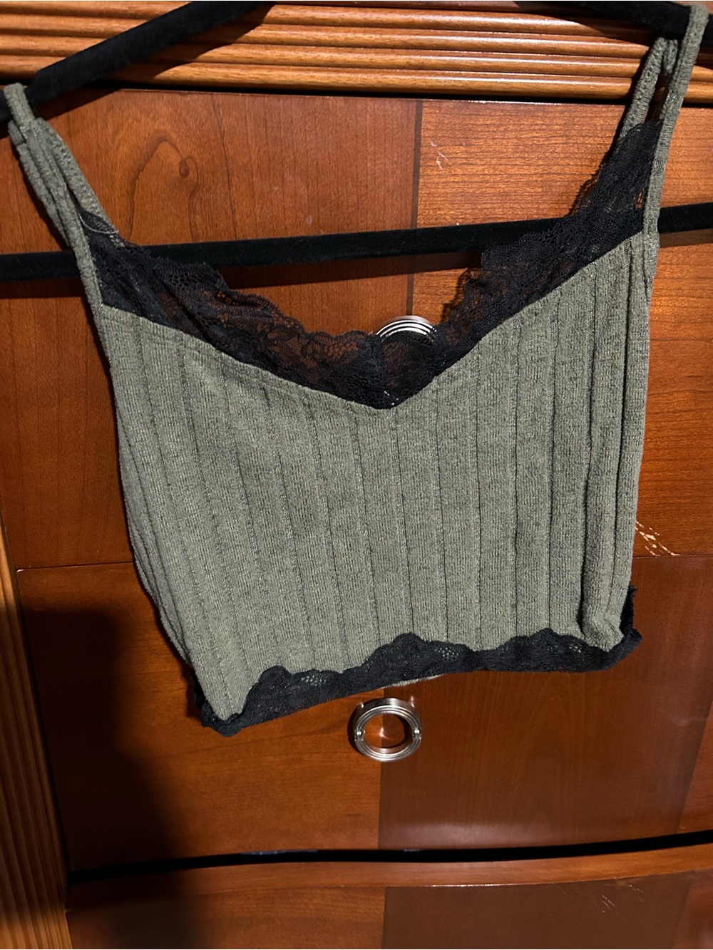 SHEIN Olive Green Ribbed Lace-Trim Bandeau Cami